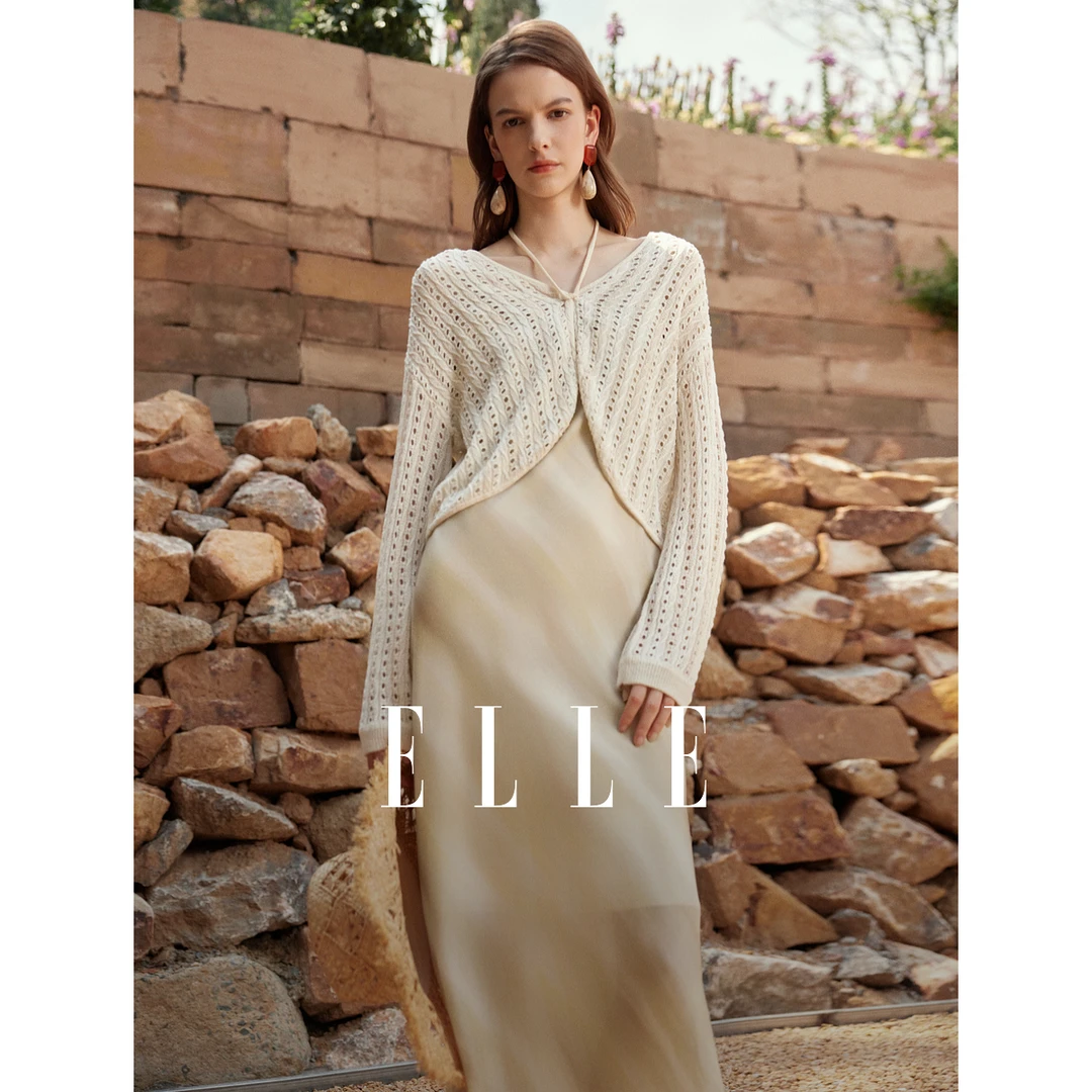 ELLE波西米亚贝壳式针织开衫女2025夏季新款薄款镂空上衣EZ52003