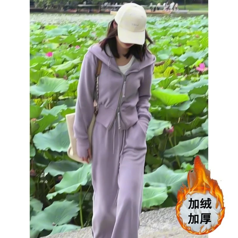 时尚高级感穿搭套装秋冬季加绒加厚连帽开衫气质减龄卫衣两件套女