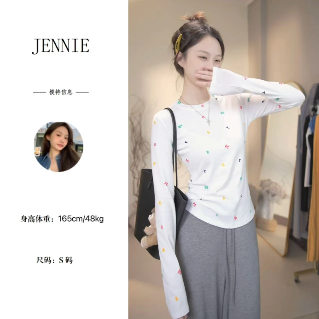韩系早秋数字印花气质休闲正肩长袖圆领修身显瘦打底上衣