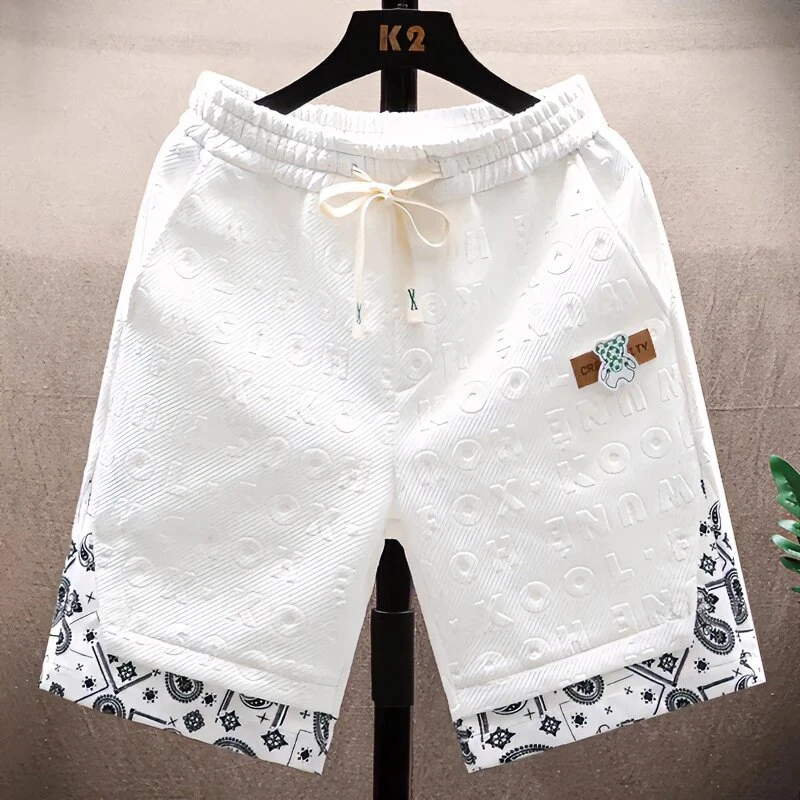 仓石一树流行假两件卡通短裤男士夏季凉感五分休闲绿色叠穿运动裤