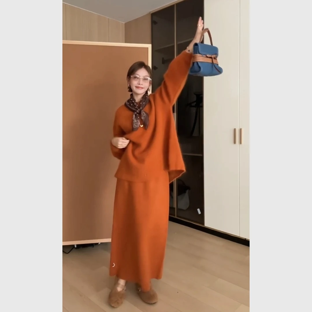 一整套ootd穿搭高级感韩系慵懒休闲橘色针织毛衣半身裙套装女秋冬