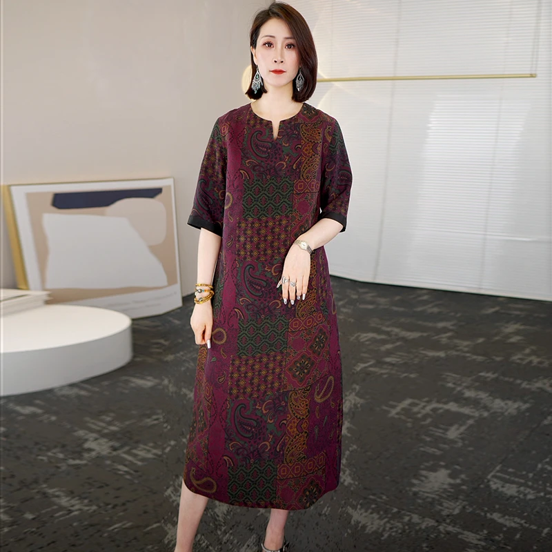 2025夏季时尚浪漫大牌杭州真丝连衣裙女气质妈妈香云纱桑蚕丝裙子