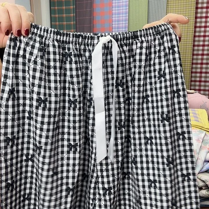 棉莫代尔纤维绵绸睡裤黑白格子