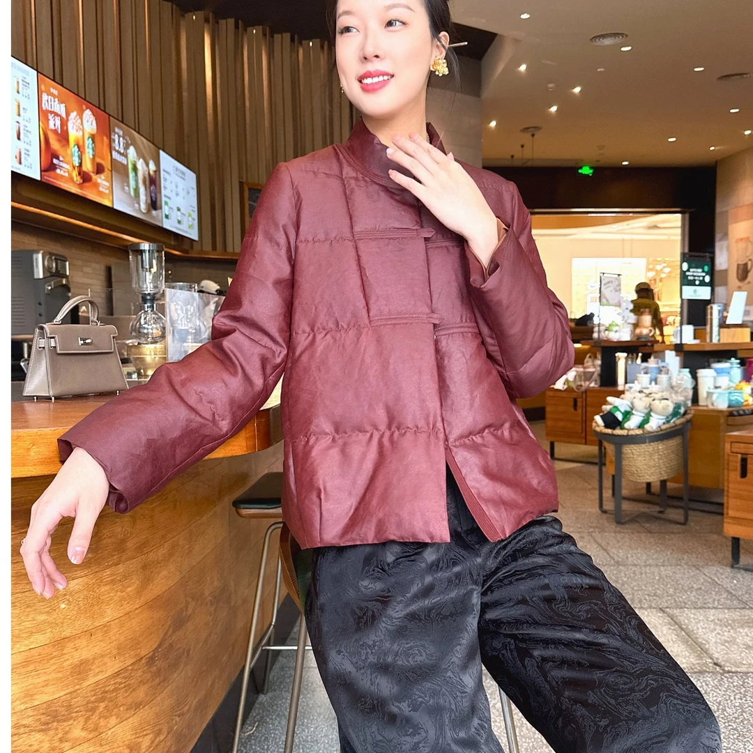 【深圳罗依】原创真丝羽绒服女桑蚕丝香云纱中式鹅绒服气质长袖外套