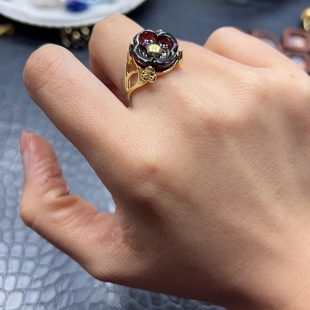 银S925镶嵌手链烟晶血珀花花戒指