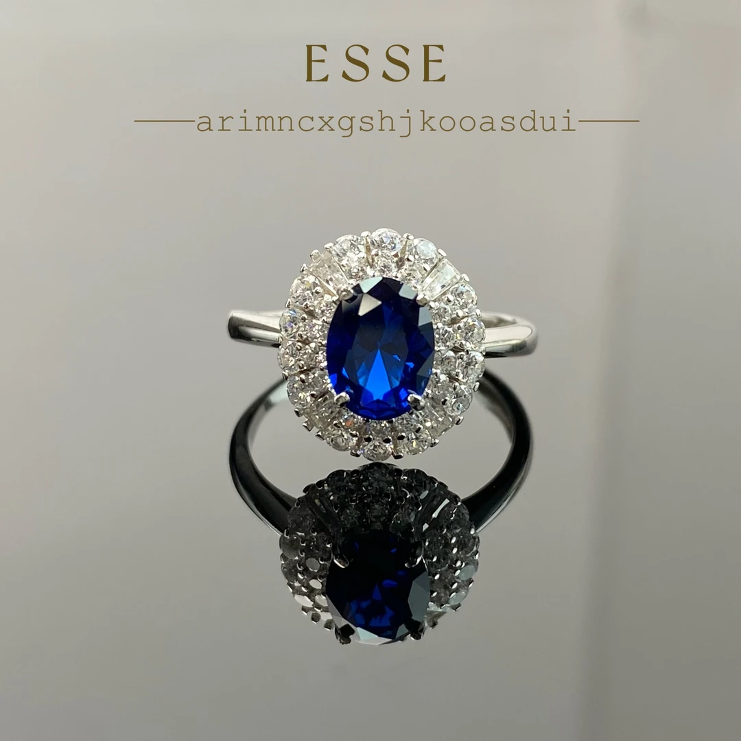 925银合成锆石戒指   【爱玺】ESSE  轻奢时尚蓝色椭圆银戒指 6102