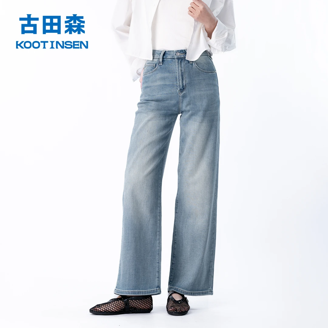 古田森【简约宽松薄款直筒裤】2025春夏高腰休闲时尚浅蓝色牛仔裤女
