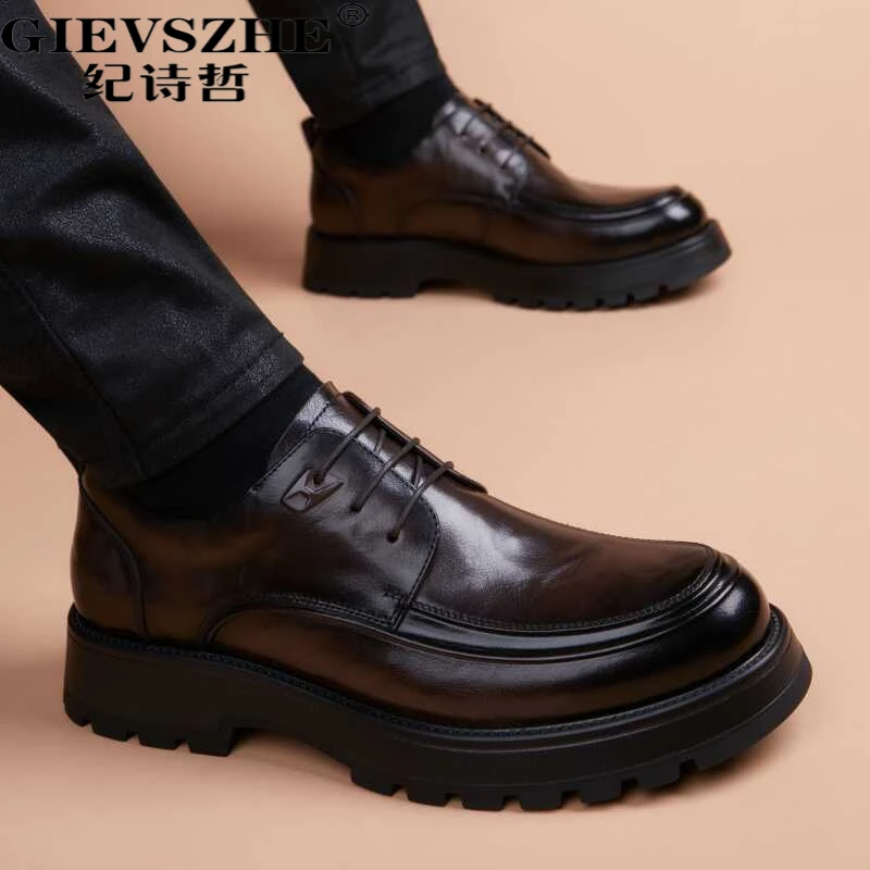 纪诗哲男士真皮皮鞋商务正装厚底增高鞋冬季新款英伦风百搭德比鞋