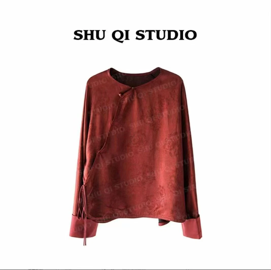 【安可拉红】新中式国风设计感暗纹红色长袖衬衫女新款洋气上衣潮