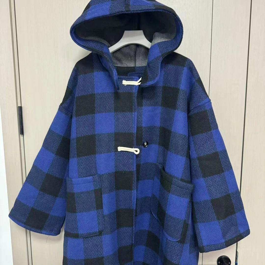 【沐木流浪记】蓝黑格连帽双口袋女装风衣z