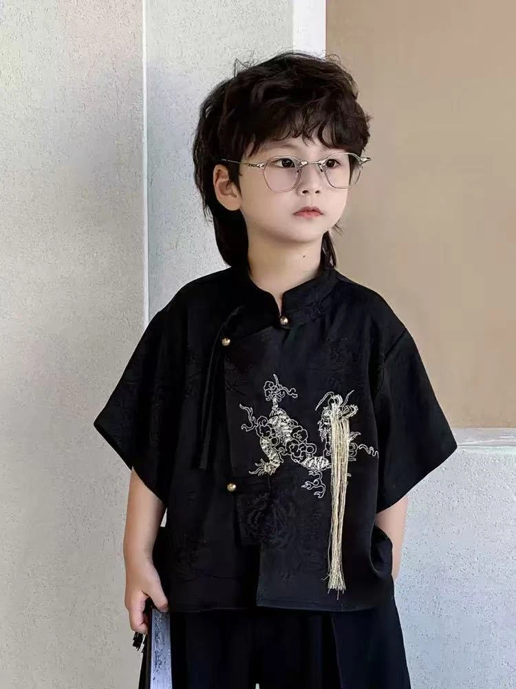 小韩欧巴麒麟有袖短袖衬衫男童套装2025夏季新款立领麒麟10560