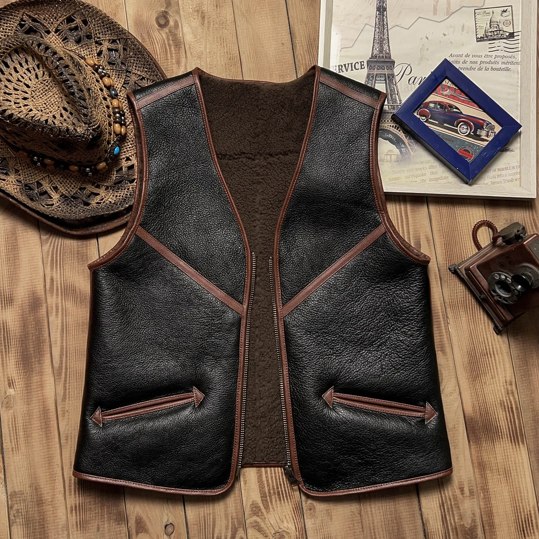 美式复古原生态羊羔皮毛一体马甲男冬季保暖真皮皮衣坎肩背心外套