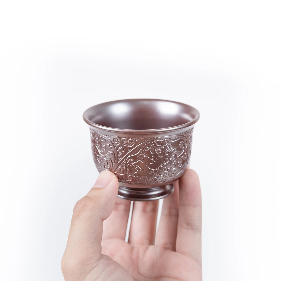 柴烧主人杯 缠枝莲 茶杯60/110ml 广西坭兴陶全手工茶具
