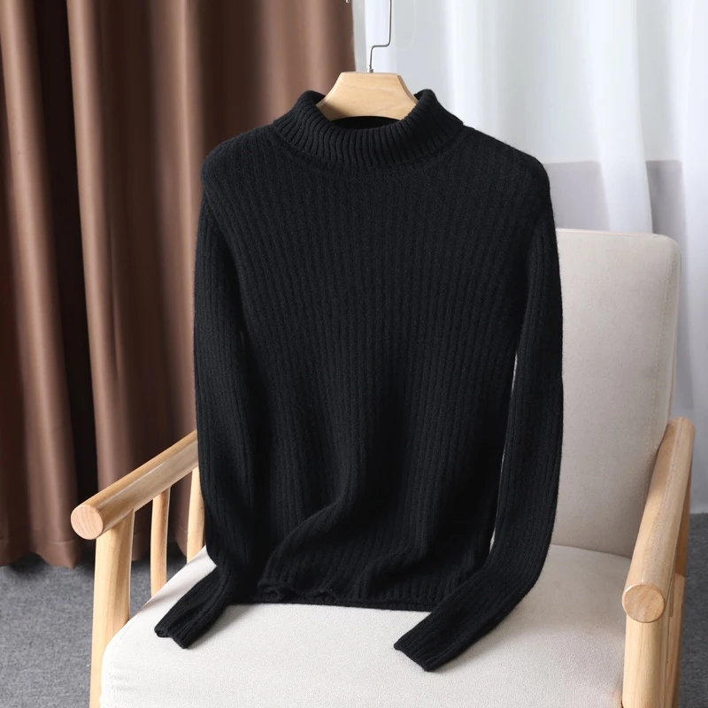 【不议价】女士纯山羊绒七针高翻领时尚抽条加厚款针织长袖套头衫