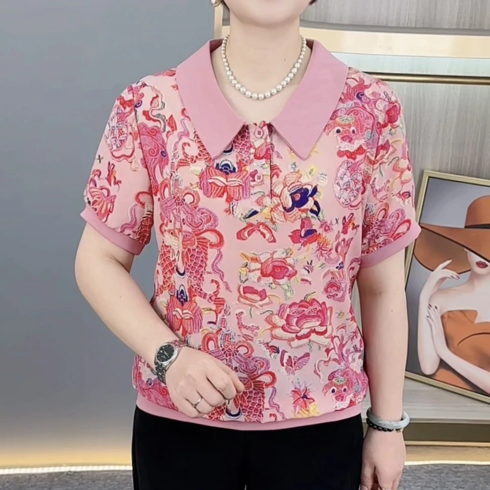 夏季新款精致娃娃领印花洋气妈妈装宽松显瘦百搭短袖上衣H11951