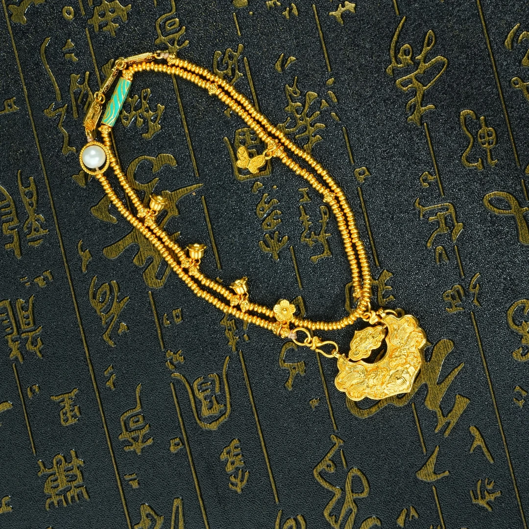 铜合金仿珍珠项链 新中式【锦鲤锁】百搭复古金色坠链项链ZXL032