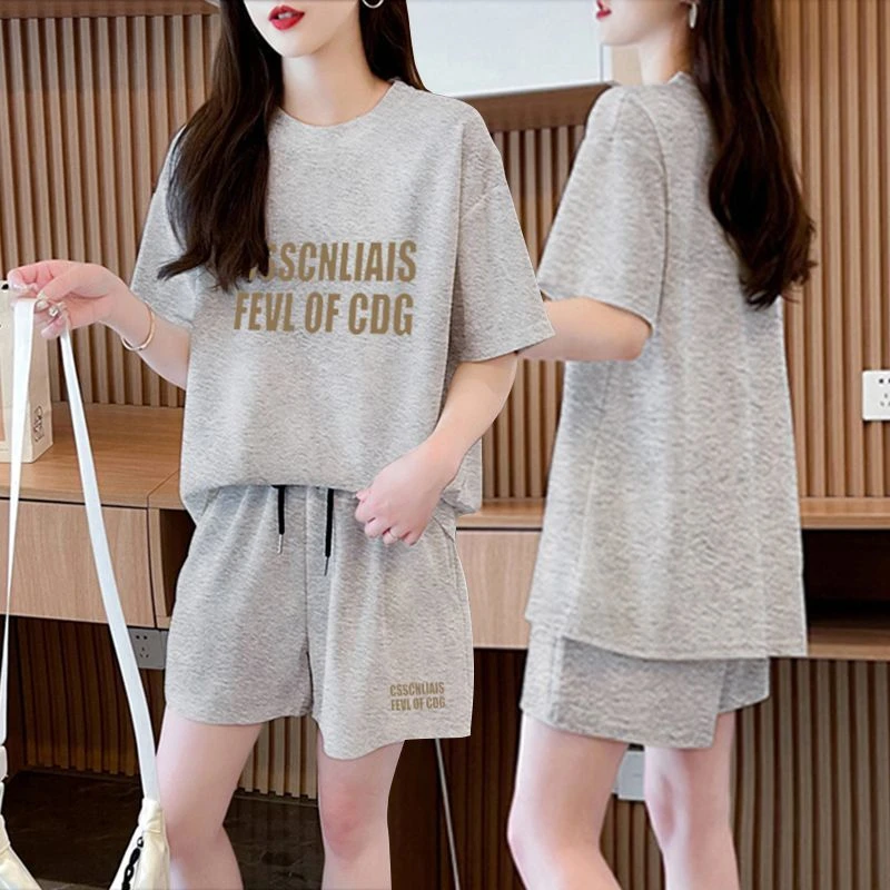韩版百搭纯棉短袖T恤+短裤两件套女2025夏季新款宽松休闲运动套装
