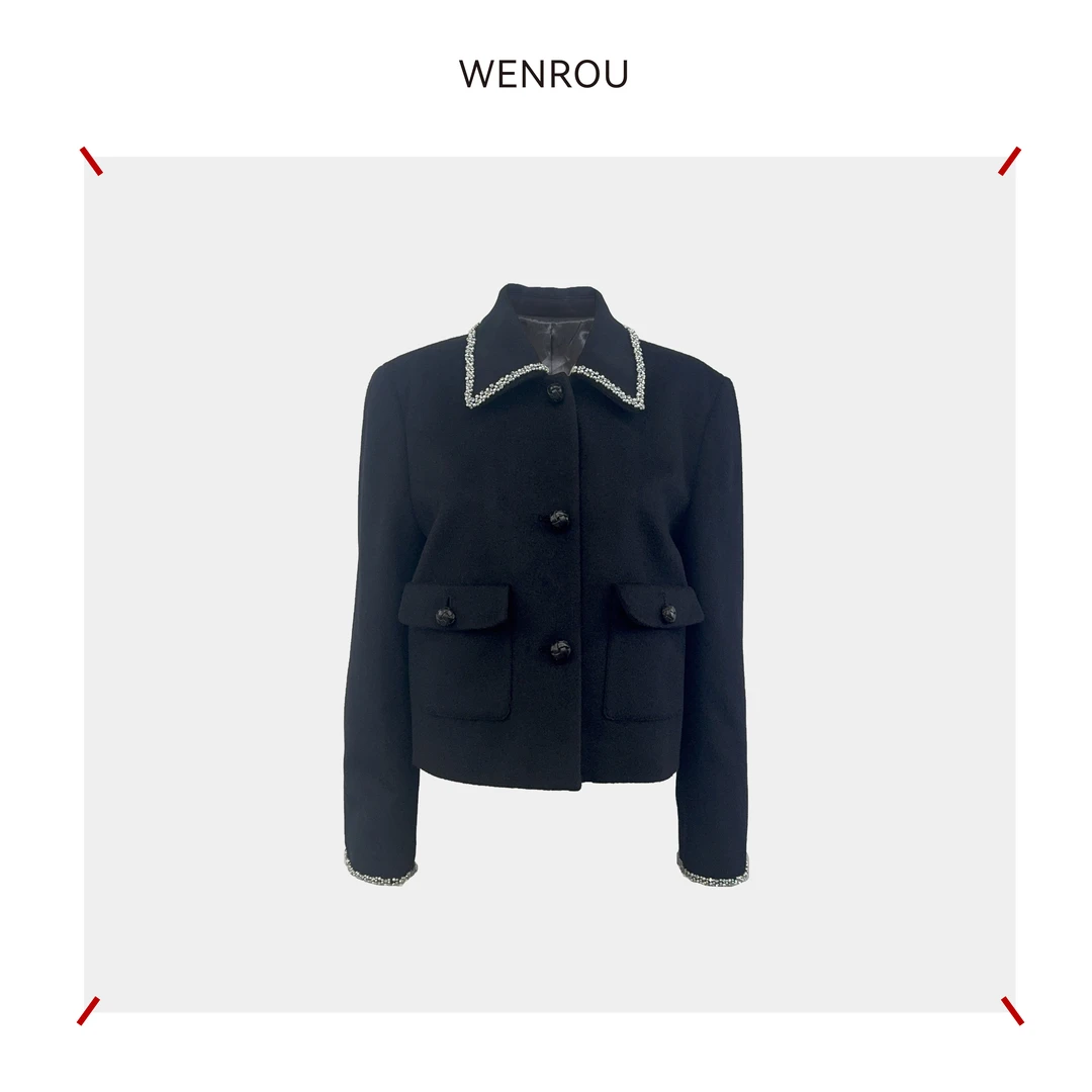 温柔自知 黑色 短款 皮扣 羊绒小外套Y0517611