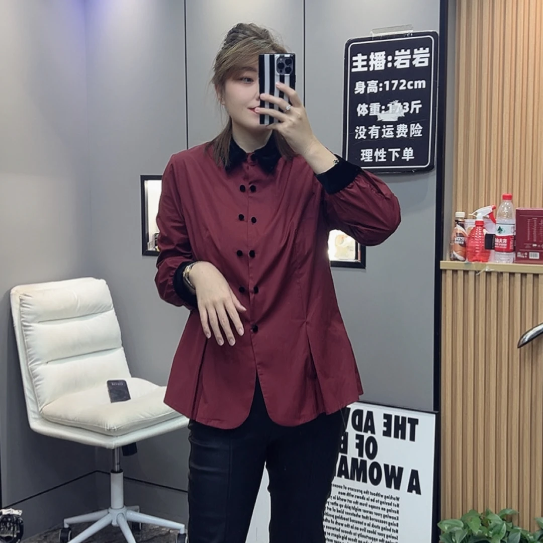 岩岩家丝绒拼接棉布收腰衬衫2117