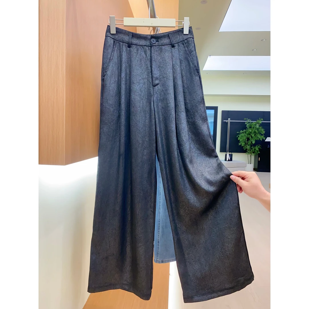 垂感阔腿休闲裤女洋气亮面Q6夏季薄款高腰西裤拖地西装裤