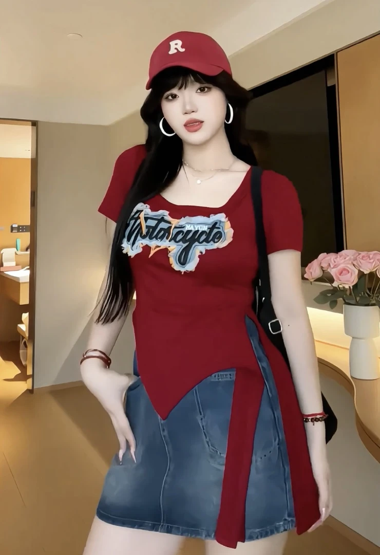 美式复古辣妹刺绣短袖T恤女2025夏季纯欲风设计感显瘦上衣