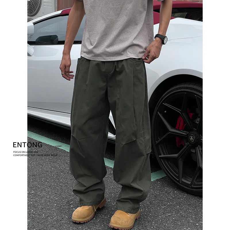 Entong美式复古褶皱宽松弯刀工装休闲裤男生阔腿街头薄款直筒裤子