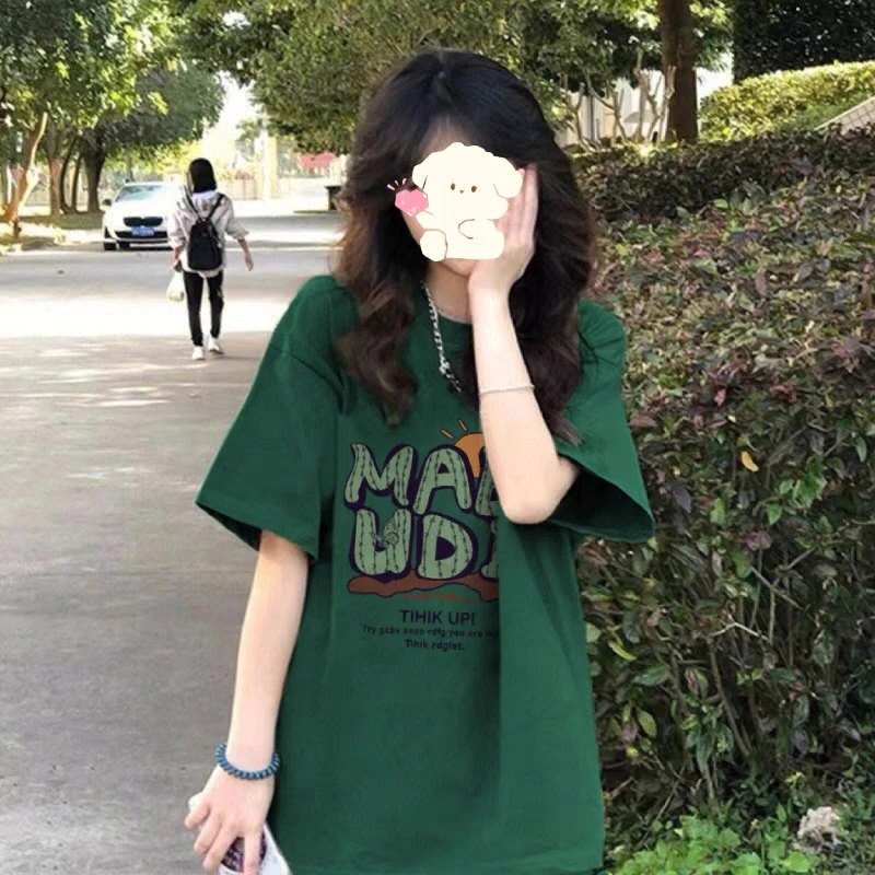 韩式绿色短袖t恤女夏中长款欧货大版宽松百搭卡通半袖遮屁股上衣