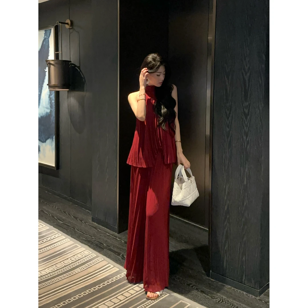 JIJINQI夏季静奢风红色套装无袖挂脖背心垂坠阔腿裤JD07SZPT1493