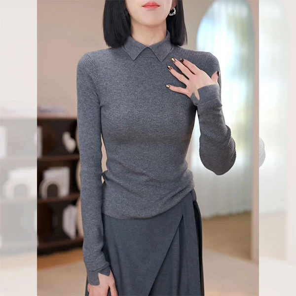 高级感通勤风气质翻领长袖针织衫女秋冬内搭简约百搭修身显瘦上衣