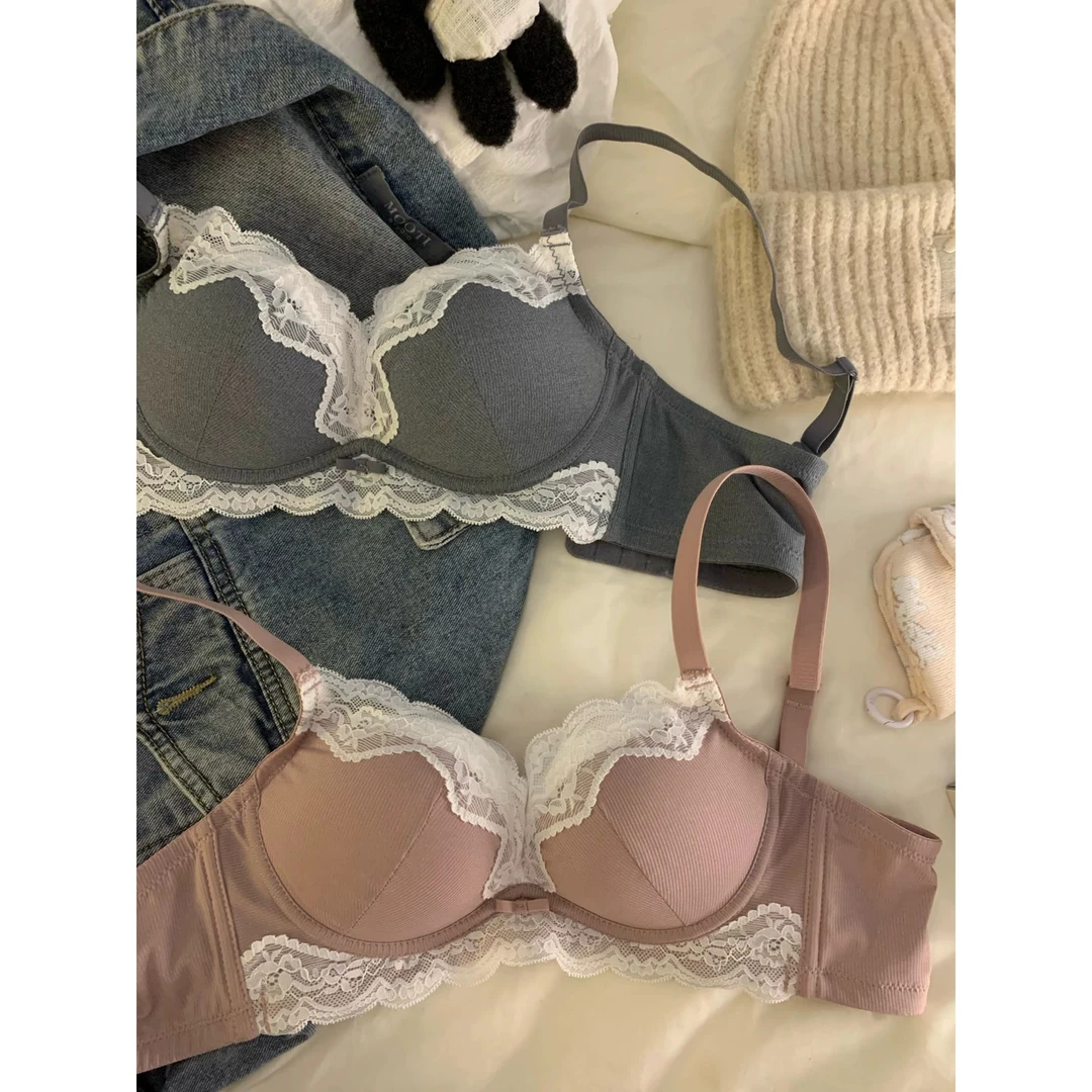 法式内衣女纯欲小胸聚拢显大上托无钢圈收副乳防下垂蕾丝边文胸罩