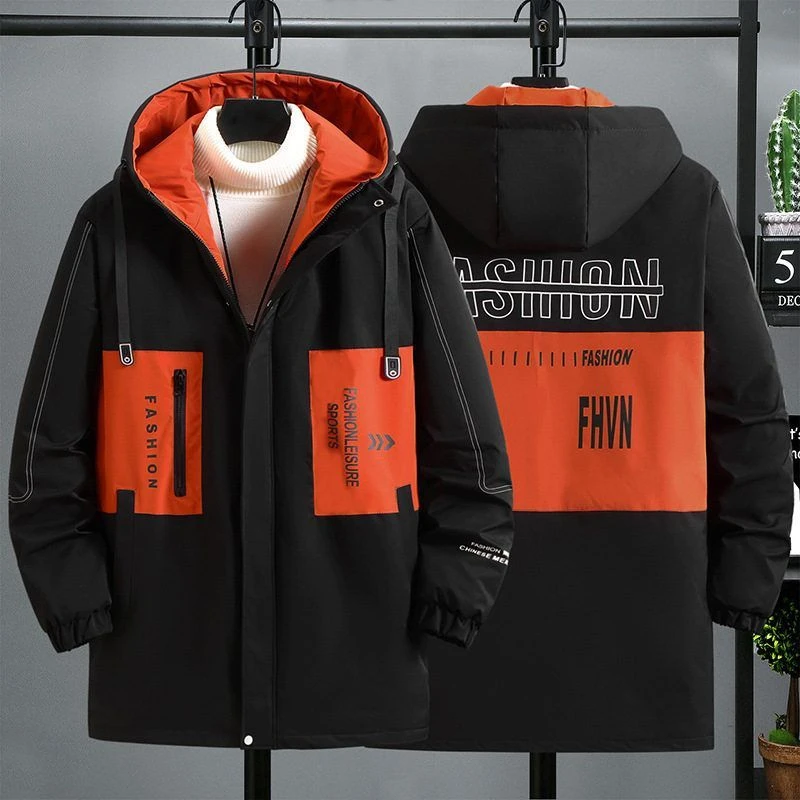 反季大码男士连帽潮流中长款休闲撞色棉衣加绒保暖显瘦胖子棉袄潮