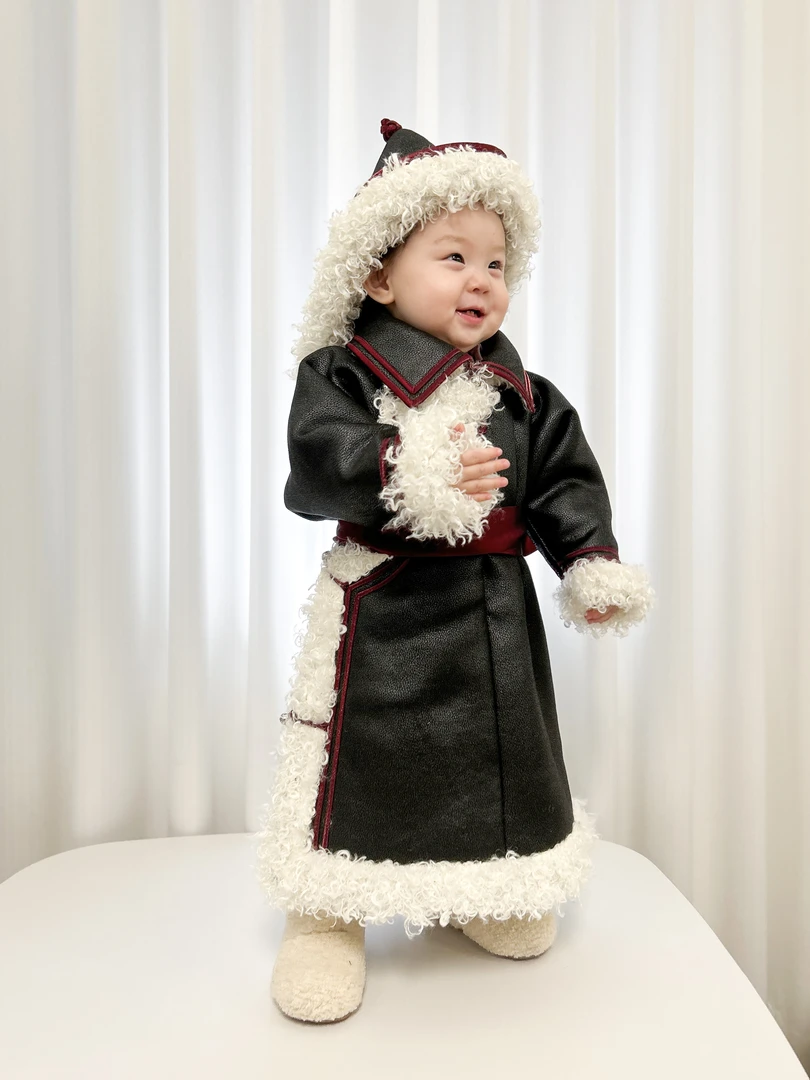 【MINO】儿童圣诞新年民族风皮毛一体带帽子蒙古袍加厚保暖棉服秋冬