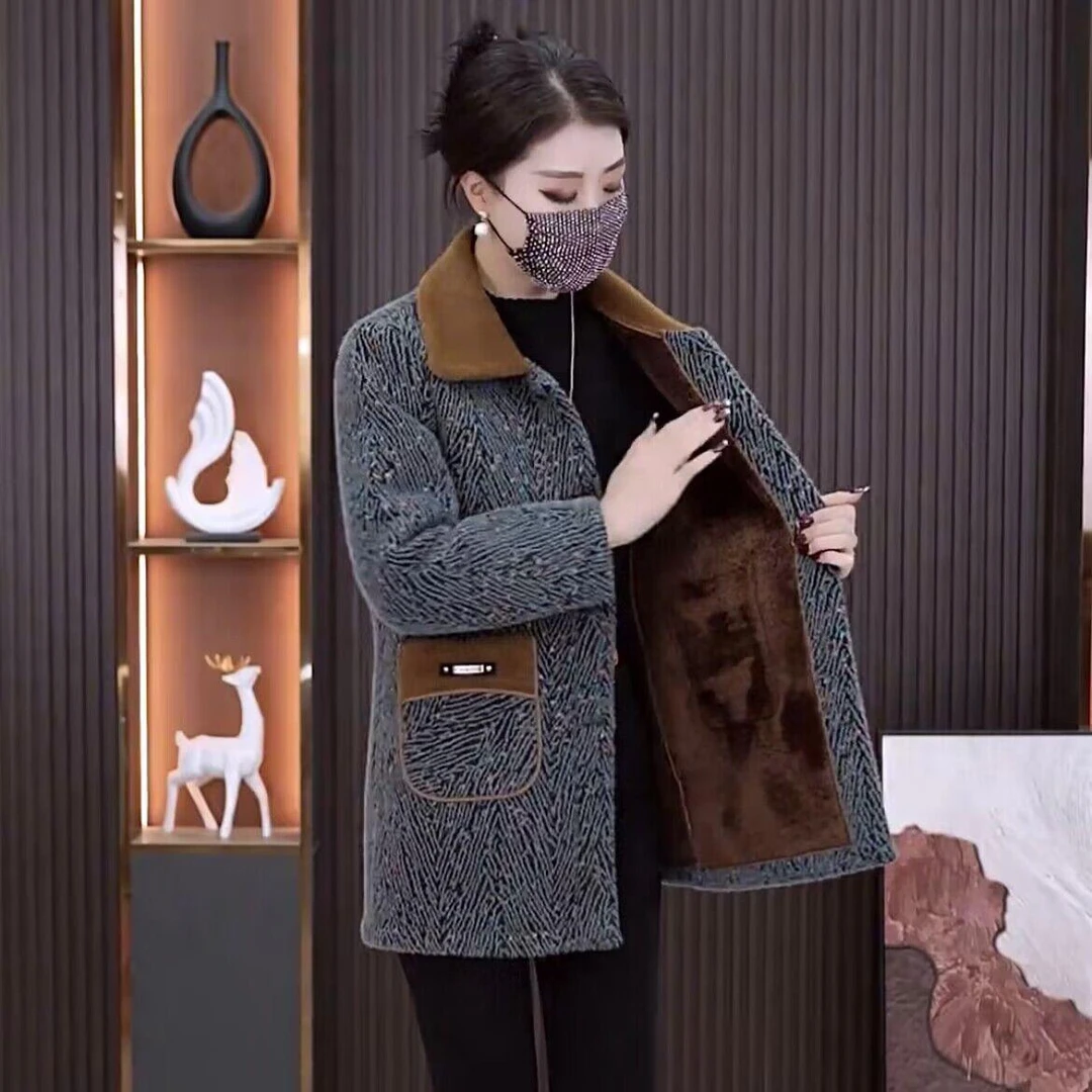 范哲萨中年妈妈秋冬装毛呢外套洋气中老年女加绒加厚上衣保暖棉服