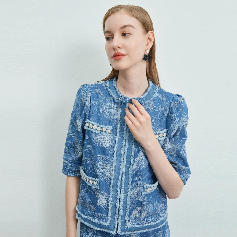 【诗语专属】恩曼琳春中国风肌理感盘扣磨毛五分袖短款外套女EANCAH