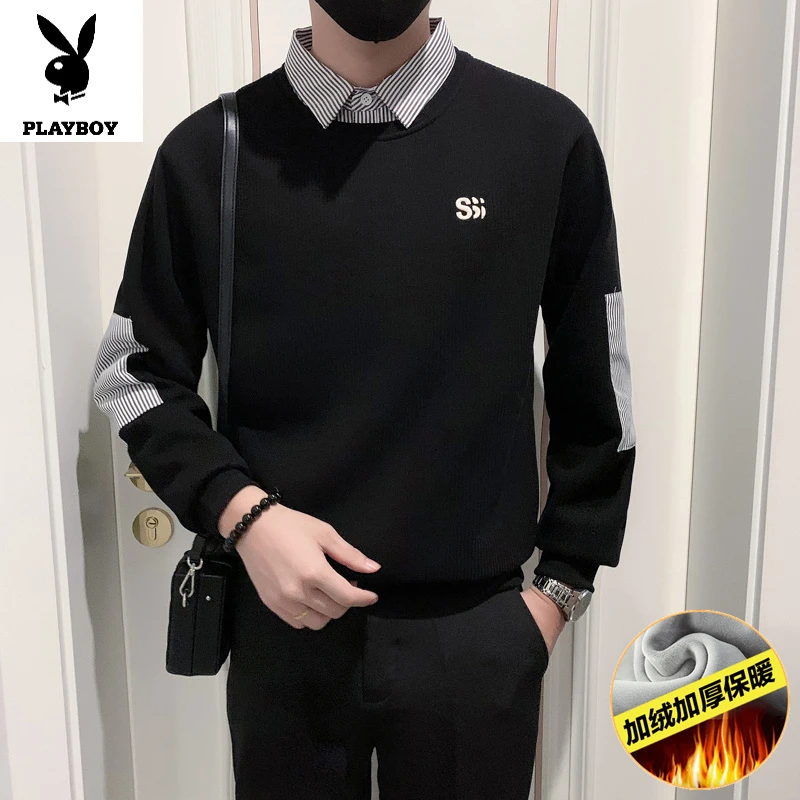 花花公子假两件卫衣男秋冬款痞帅拼接套头男装2024新款翻领长袖上