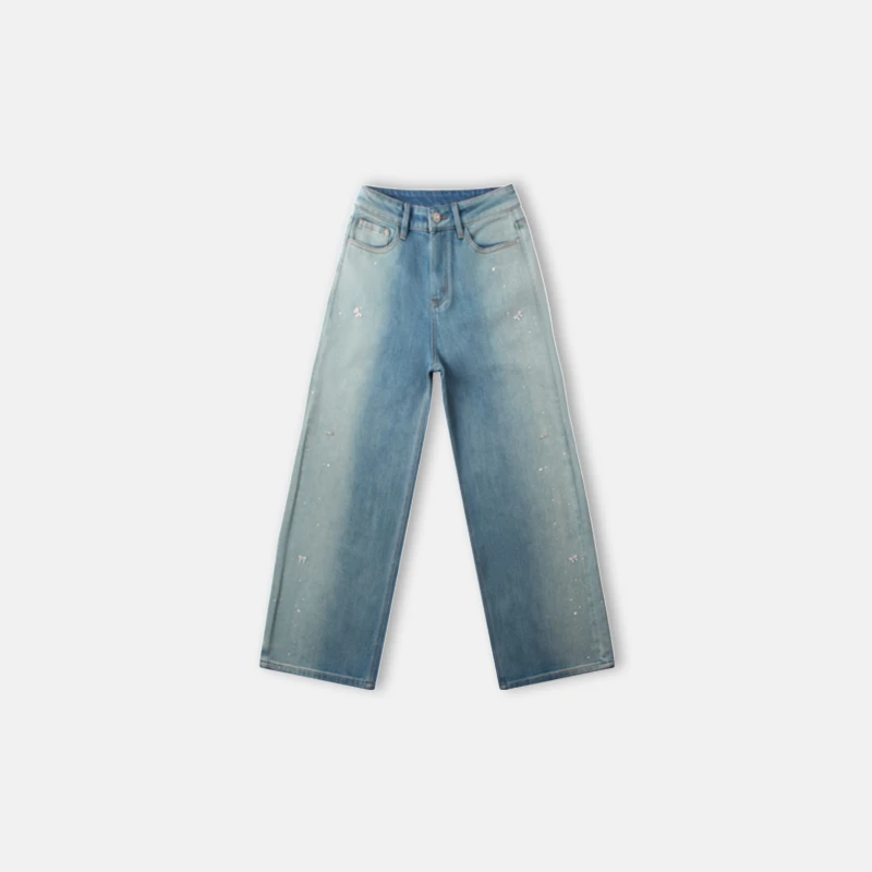 窄版阔腿牛仔裤珍珠渐变色拖地阔腿裤LW1003