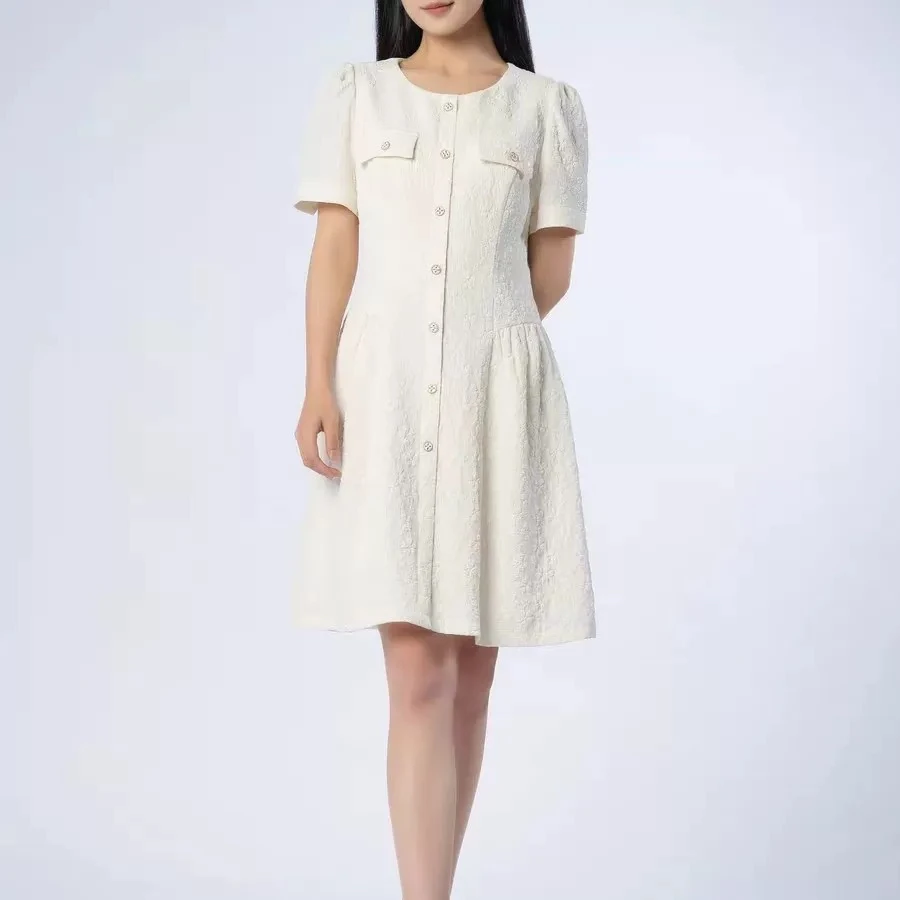 [H2532黑白小香风连衣裙]夏季纯色蕾丝女士时尚气约潮拼接裙子