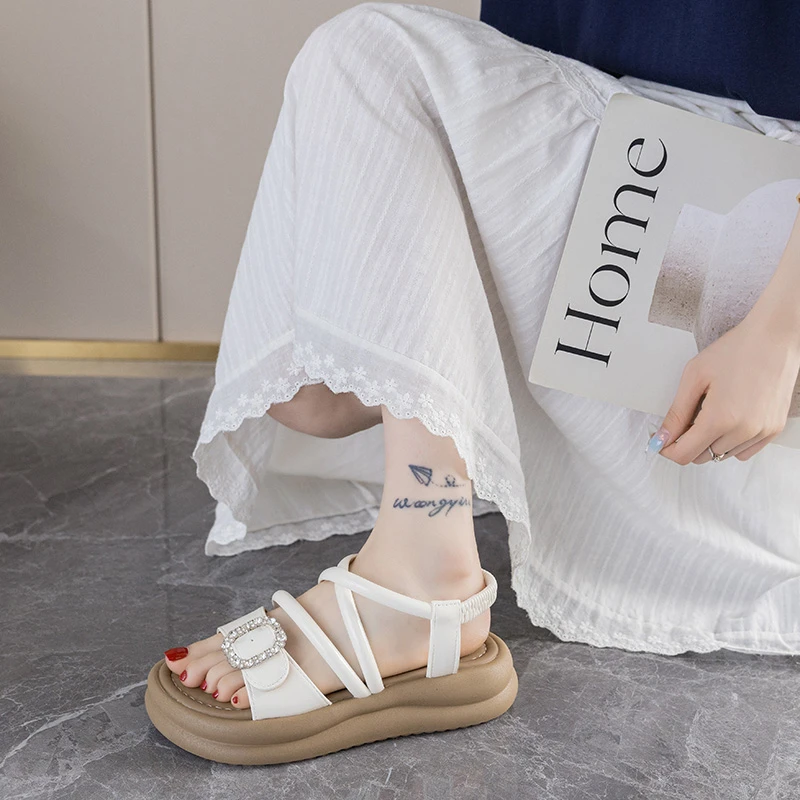 仙女风厚底松糕凉鞋女2025夏季新款百搭皮带扣软底交叉带罗马凉鞋