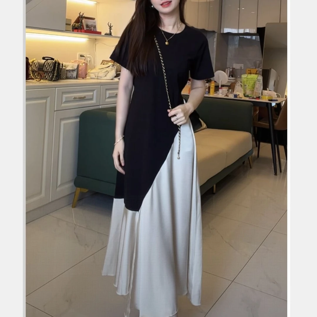夏季新款韩版小个子设计感撞色圆领中长裙不规则拼接短袖连衣裙女