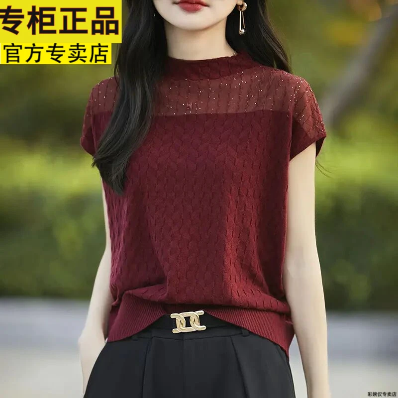 2025正品夏季欧根纱薄款短袖针织衫女士镂空显瘦半高领背心