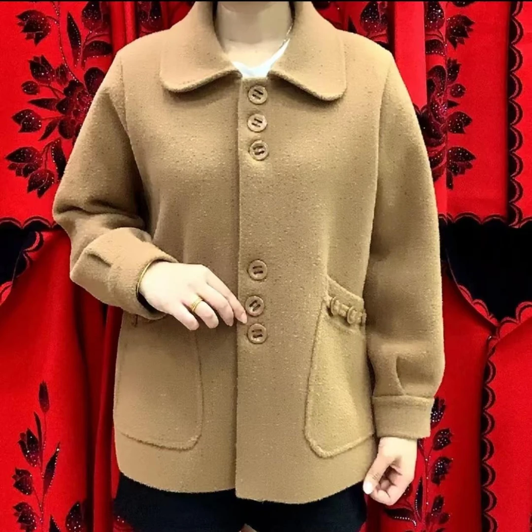 女士春秋简约毛呢外套短款加厚双面绒方领百搭开衫时尚妈妈外衣