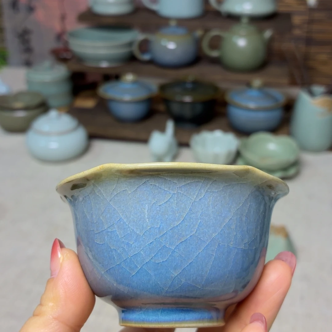 摆件陶天蓝釉 花口杯哈哈哈哈