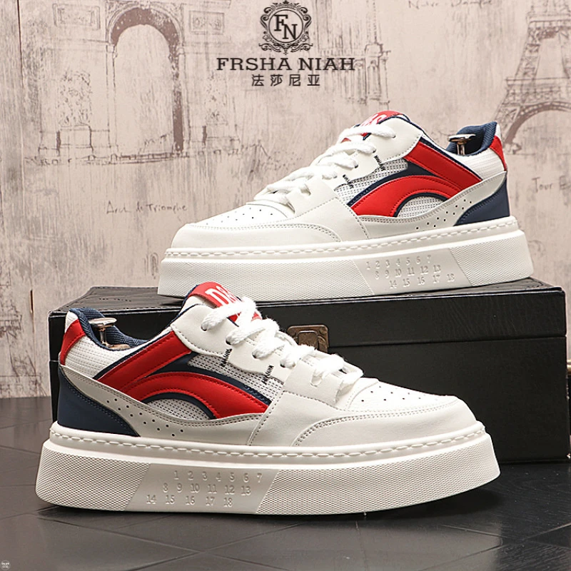 法莎尼亚男鞋轻奢韩版厚底休闲鞋低帮透气男士皮面小白鞋轻便板鞋