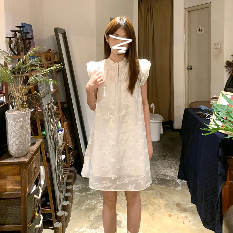 4628新中式国风白色小飞袖蝴蝶绣花裙子女2025夏季新款气质连衣裙
