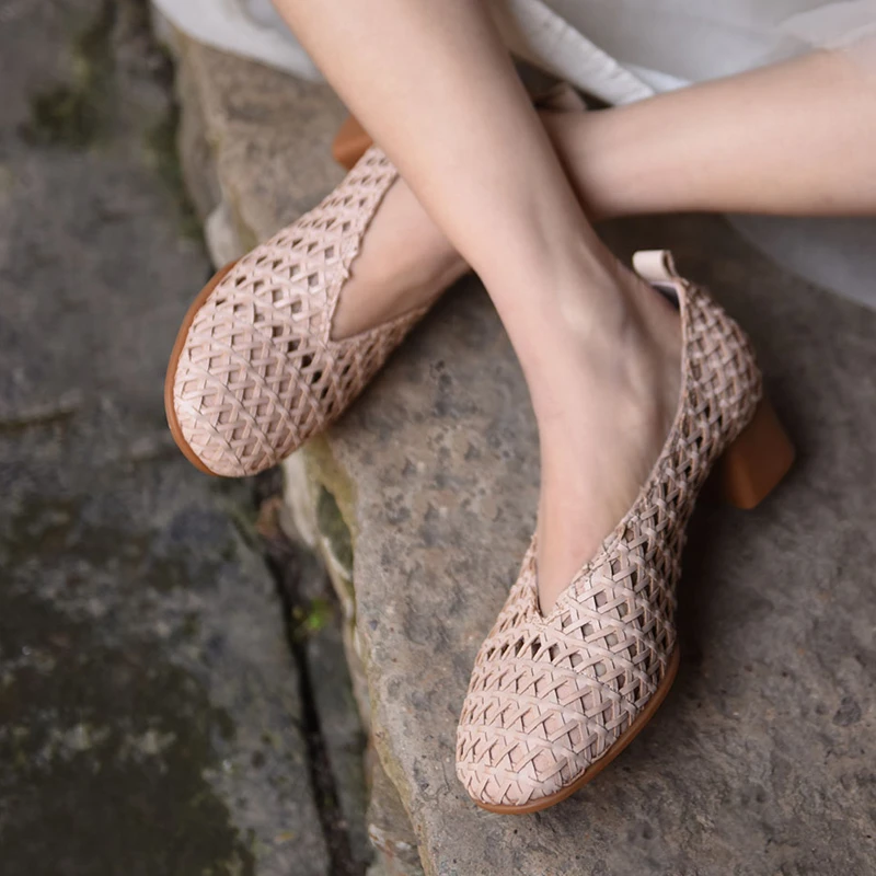 Artmu阿木原创镂空单鞋手工编织奶奶鞋一脚蹬粗跟女鞋凉鞋K913-22
