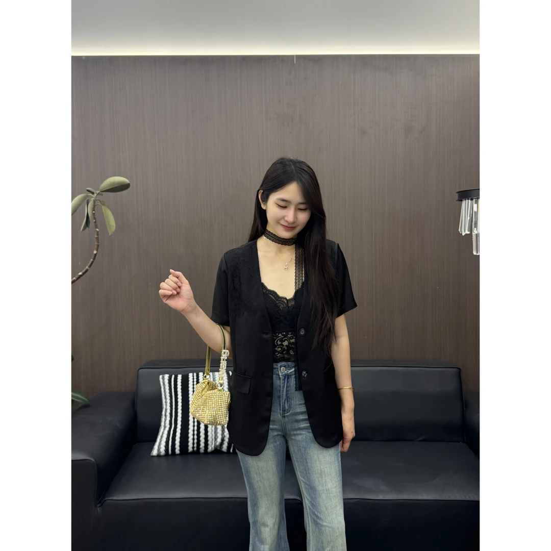 2628新款韩版宽松高级V领垂顺百搭醋酸显瘦短袖西装外套