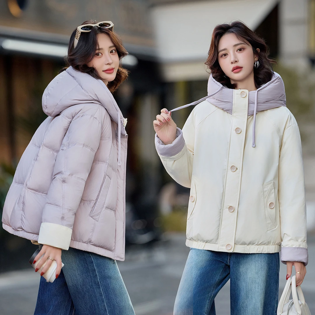 羽绒服外套女装白鸭绒2025冬季冬天衣服连帽两面穿宽松羽绒服外套