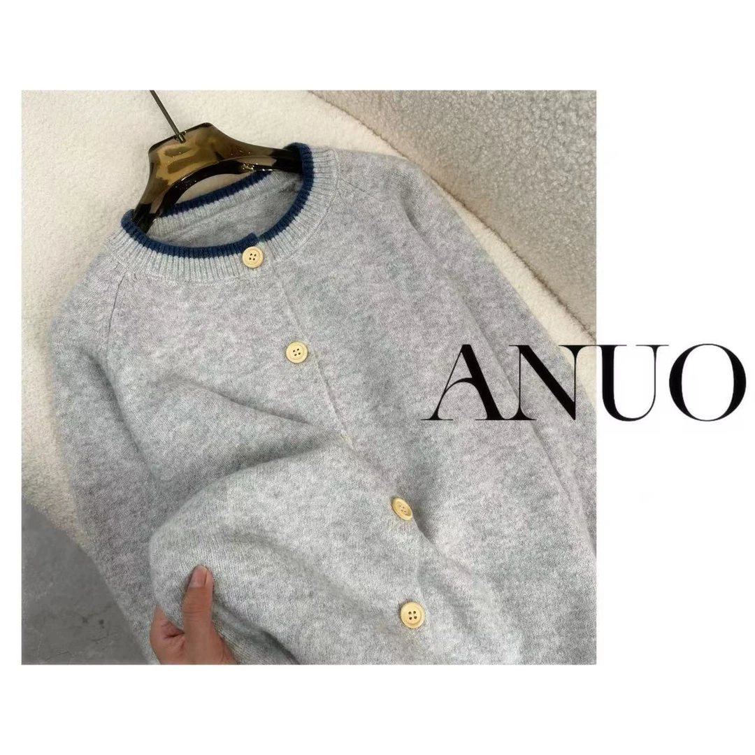 撤柜！~小香风灰色撞色领边圆领开衫毛衣女外套秋冬款~2029