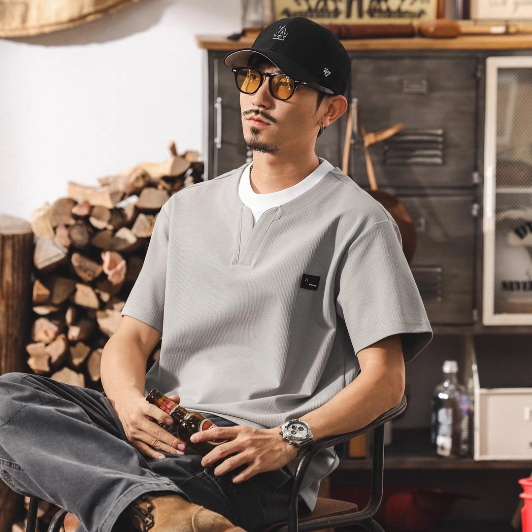 美式复古重磅短袖男T恤2025夏季新款潮牌拼接双层领宽松休闲上衣