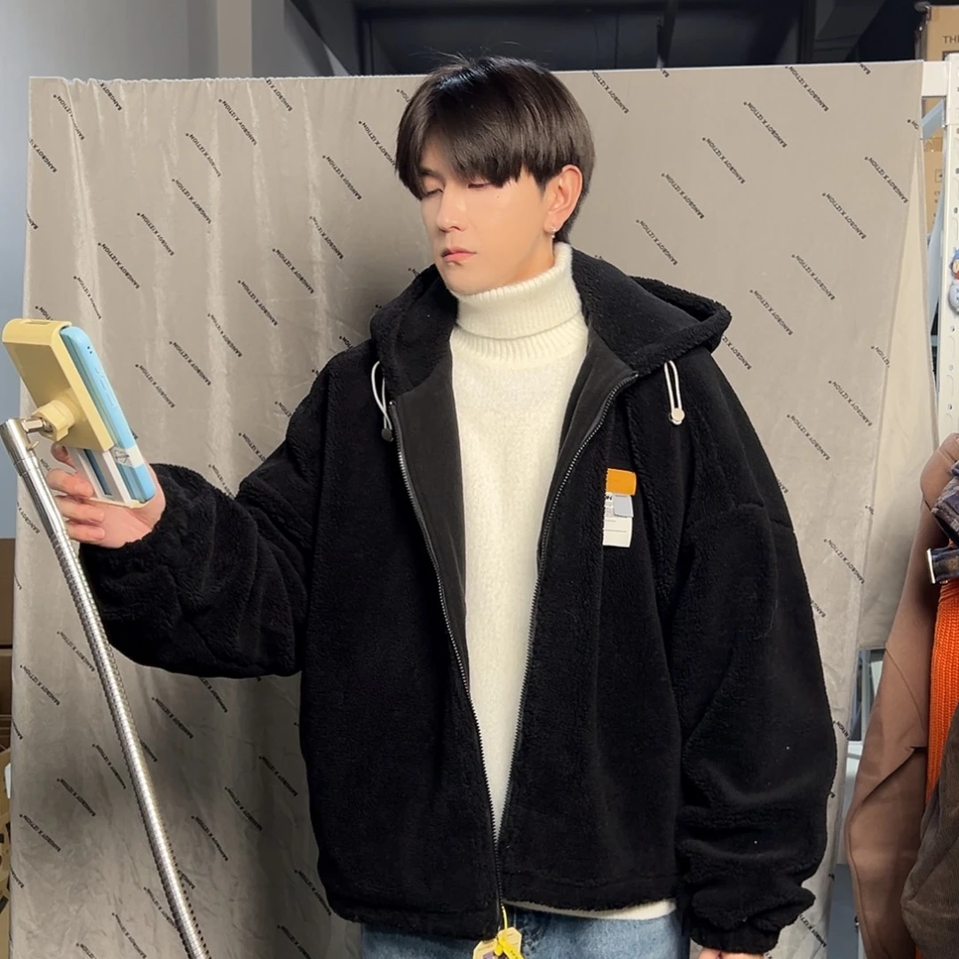 潮流连帽羊羔绒卫衣L一件黑色